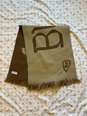Burberry Olive Green and Brown Logo Fringe Scarf